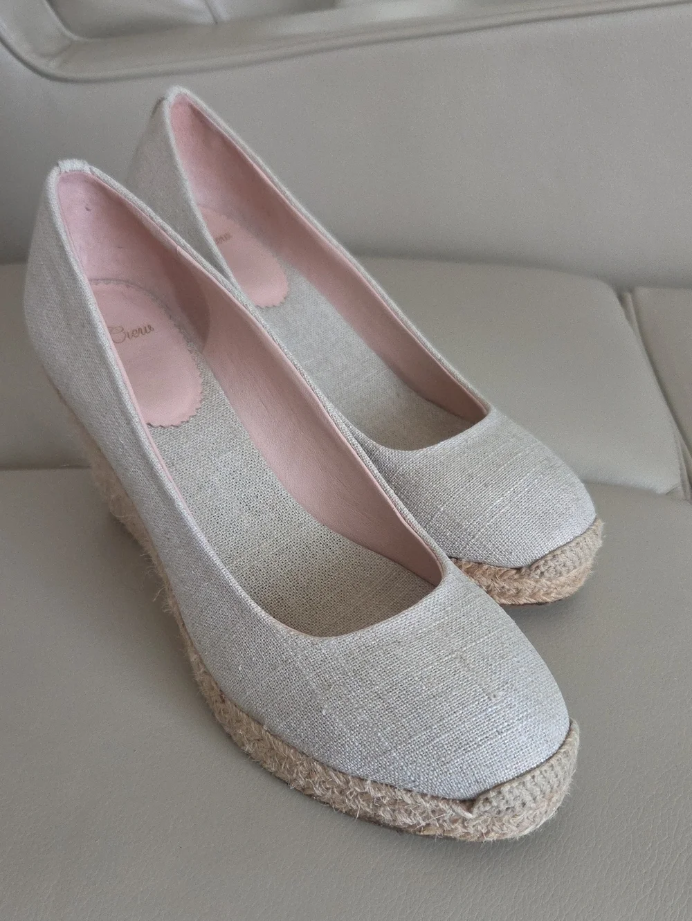 J. Crew Neutral Linen Espadrille Wedges with Pink Lining Size 9.5